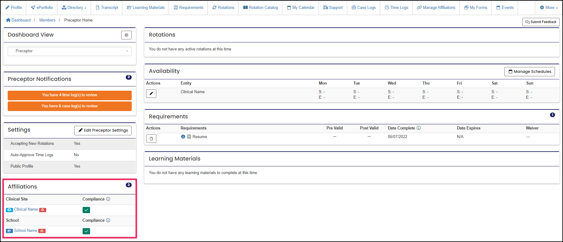 Member home page highlighting Affiliations panel.