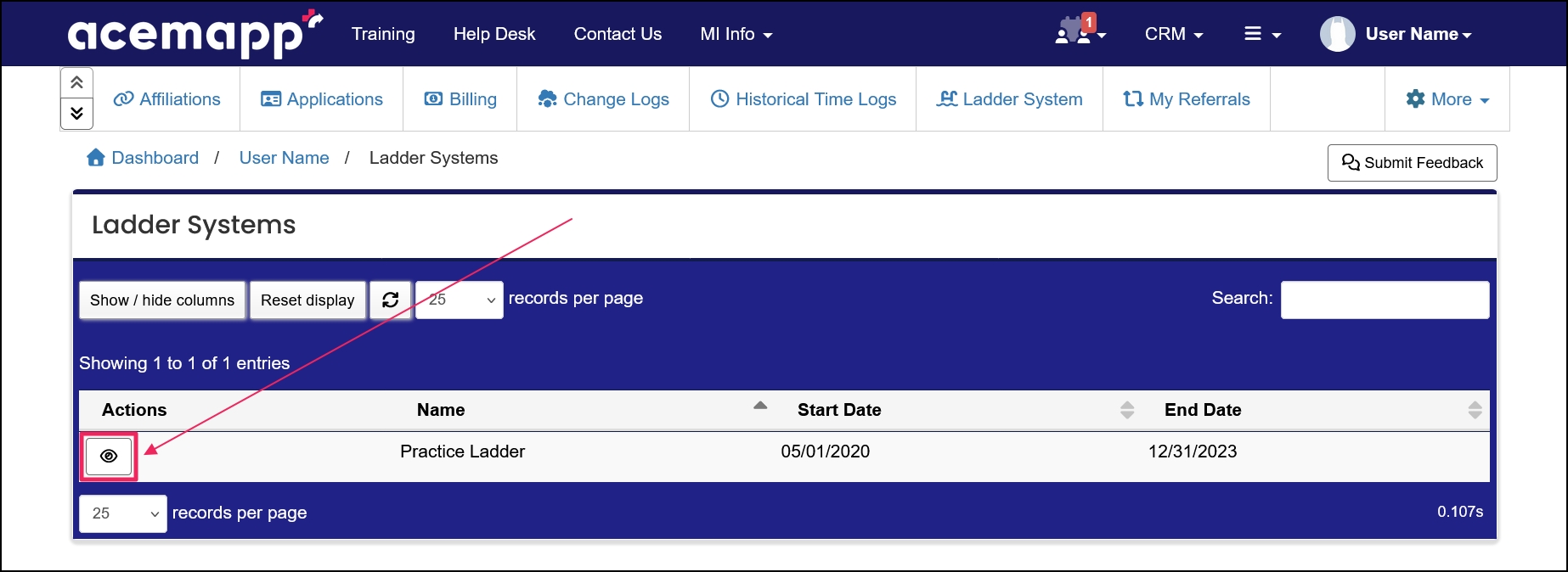 Ladder System table highlighting ladder View button.