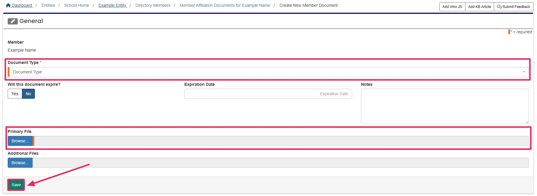 Add document form highlighting document type selector, file selection, and the save button.
