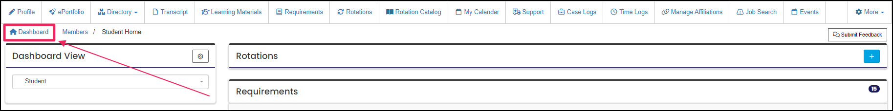 dashboard selected from bread crumbs