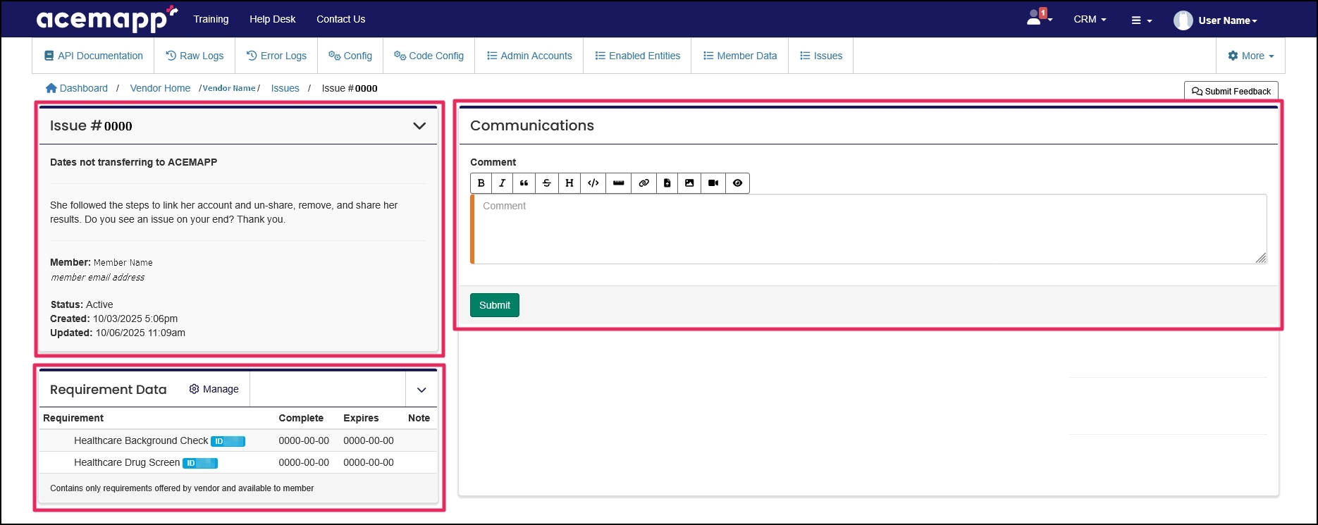 Vendor Issues screen example.