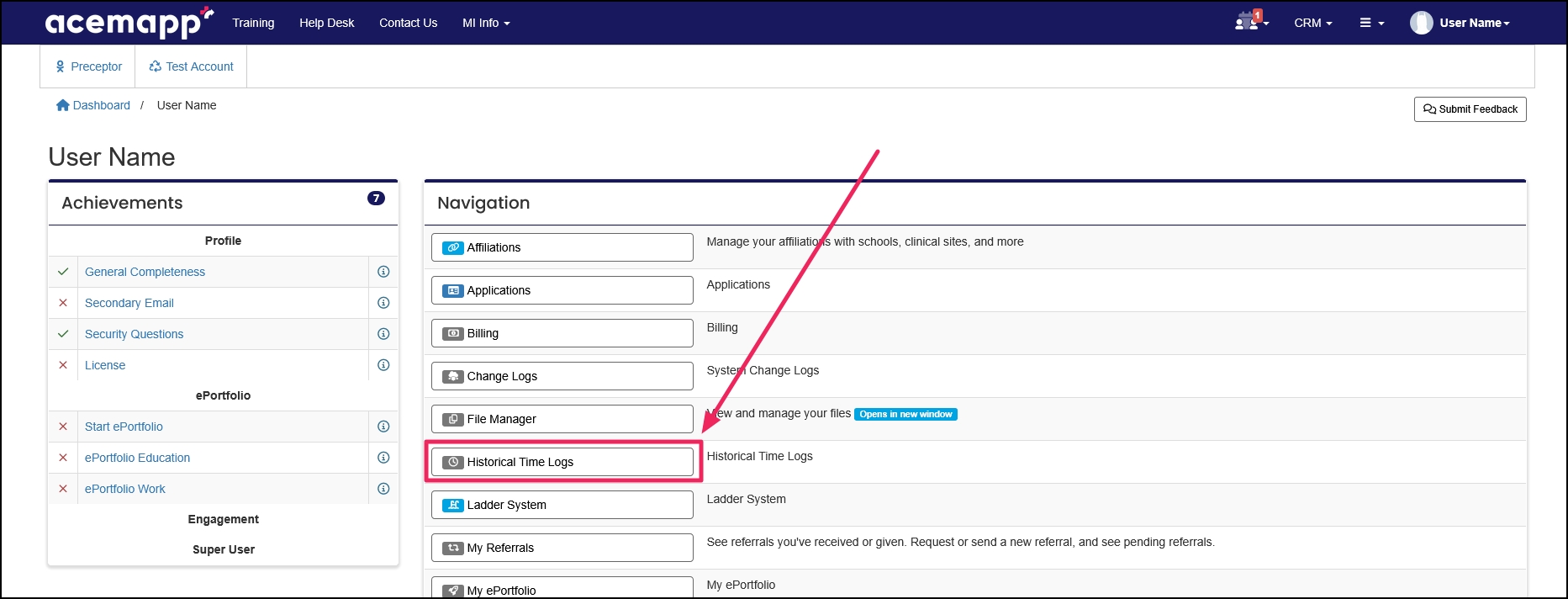 Manage page navigation panel highlighting Historical Time Logs button.