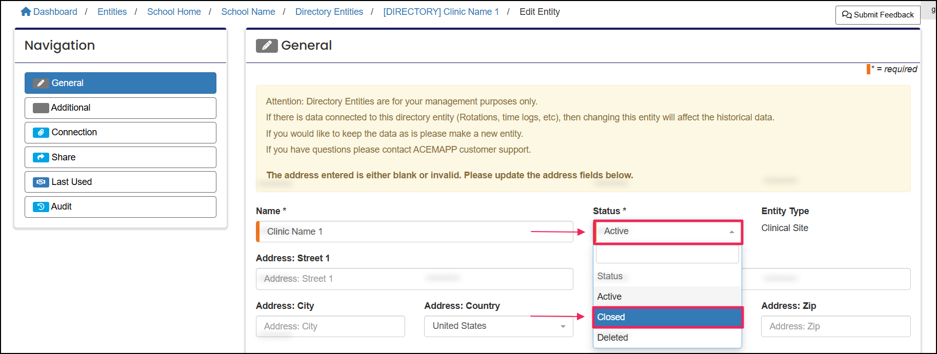 Edit entity form example highlighting Status selection of Closed option.