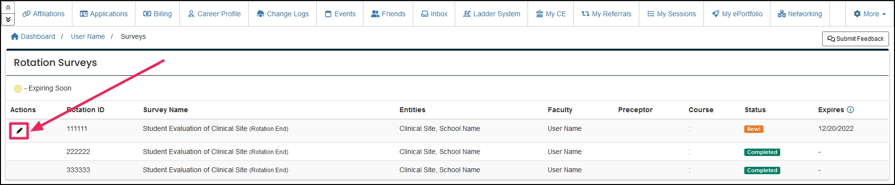 Rotation Surveys table highlighting the edit survey icon button.