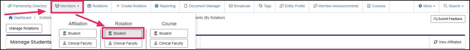 image shows member tab and to select student under rotation