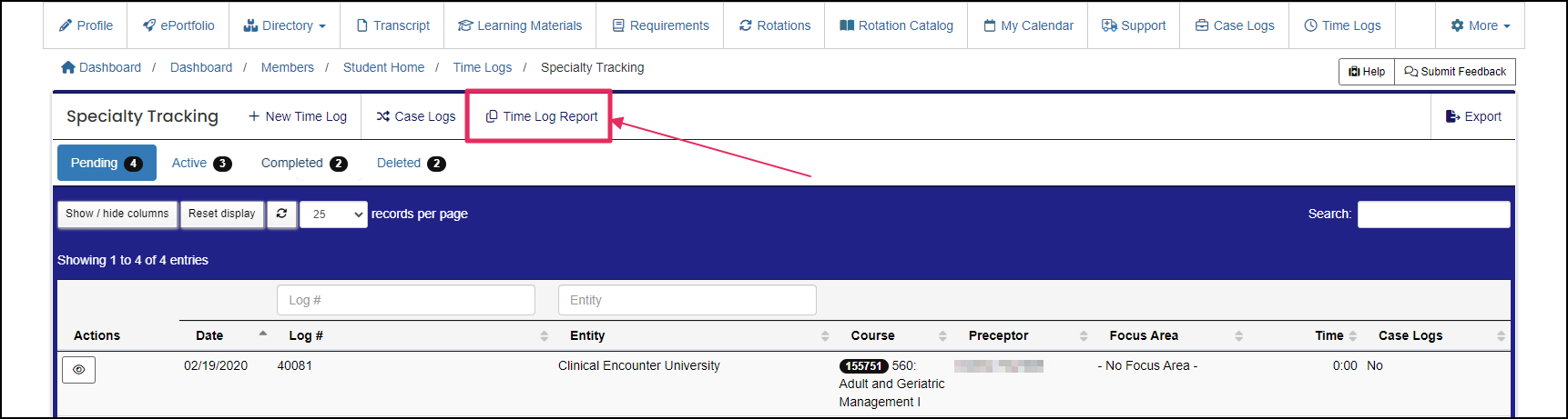 Time Log table highlighting Time Log Report button.