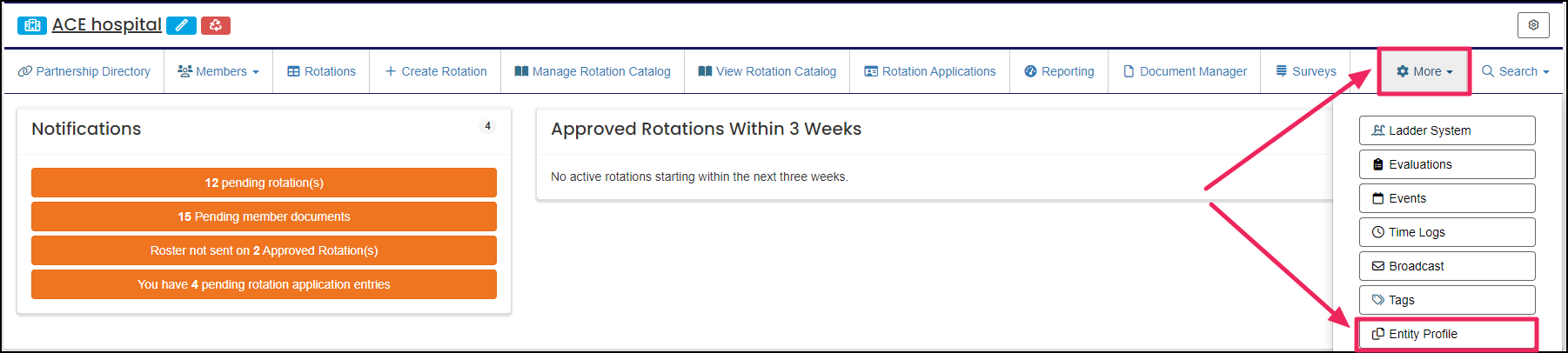 User home page highlighting More dropdown button and Entity Profile button.