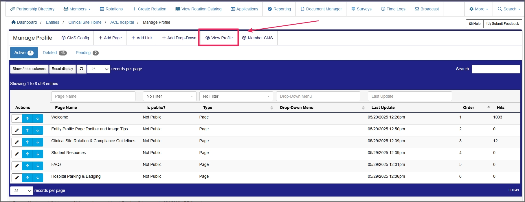 View Profile from the Manage Profile Page