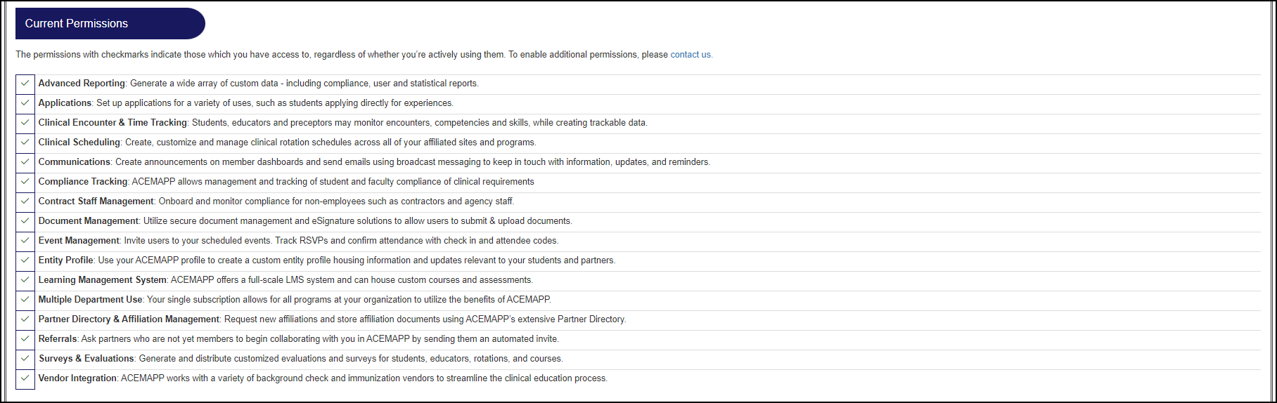 Snapshot Current permissions section example.