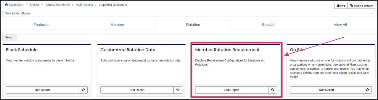 Member Rotation Requirement report tile highlighting Run Report button.