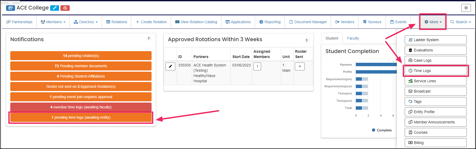School home page highlighting pending time logs notification, more drop-down button, and time logs button.