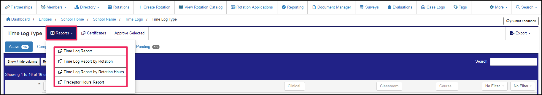 Time Log table highlighting the Reports button with the list of Time Log reports below it.
