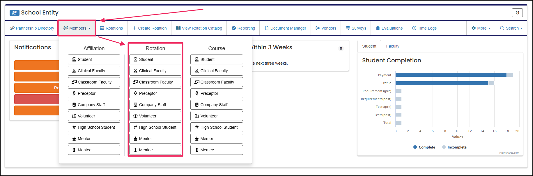 User home screen with members button and rotation column.
