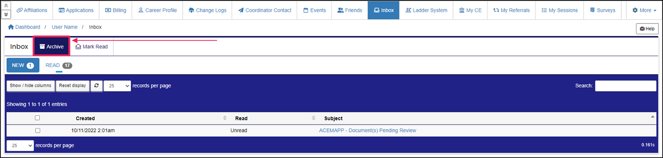 Archive button on inbox table.