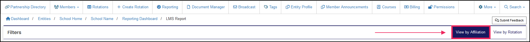 LMS Report filter example highlighting View by Affiliation button.