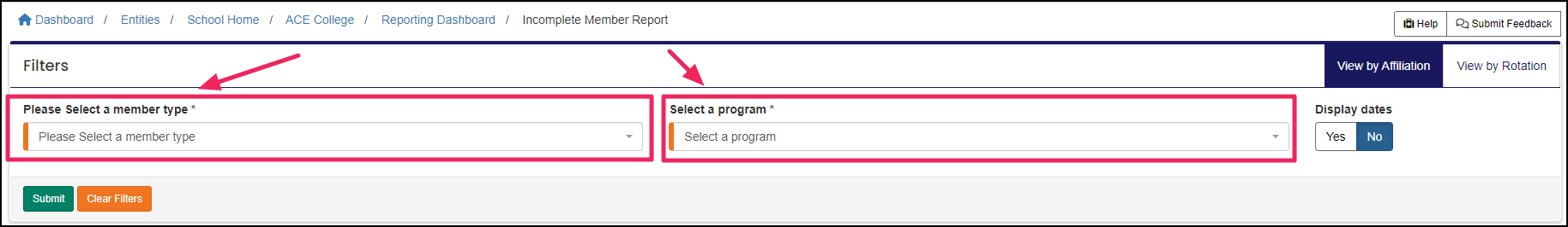 Fields to select a member type and program for the incomplete member report.