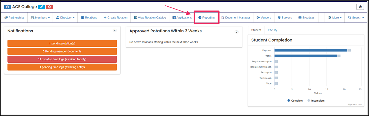 User nav-bar example highlighting Reporting button.