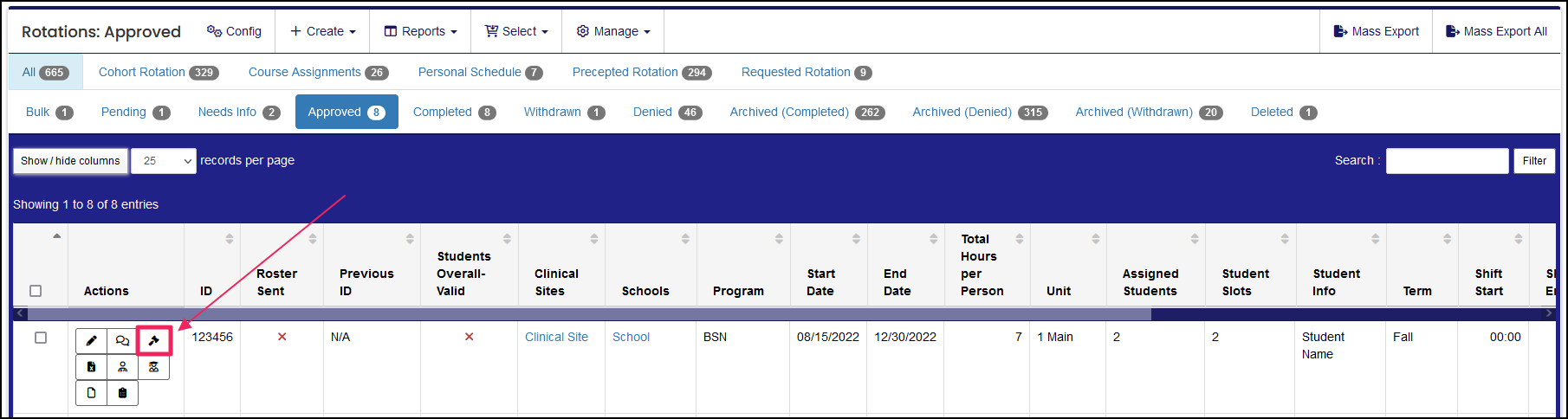 Rotations table highlighting Quick Decide button.