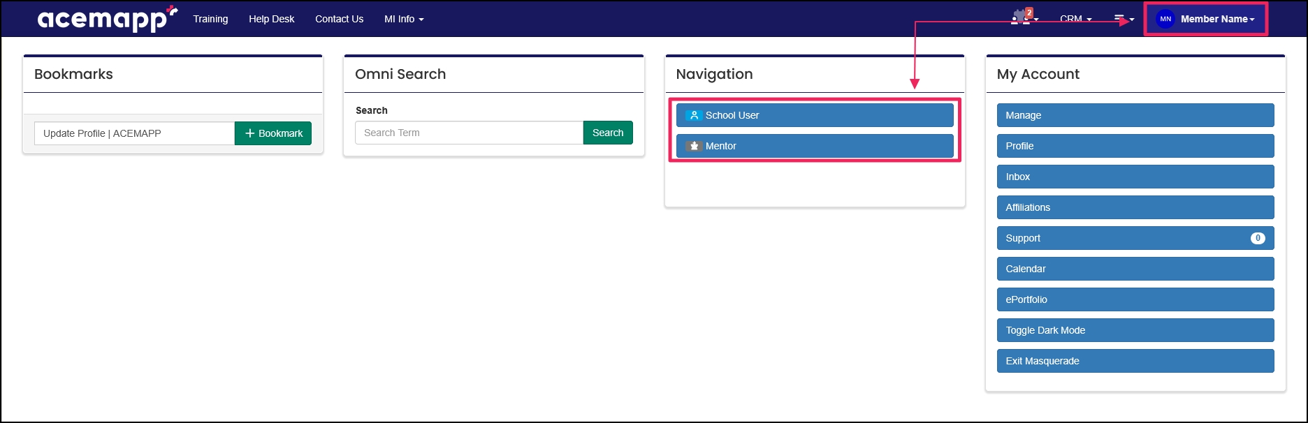 Member dropdown menu drawing attention to the member name and navigation panel.