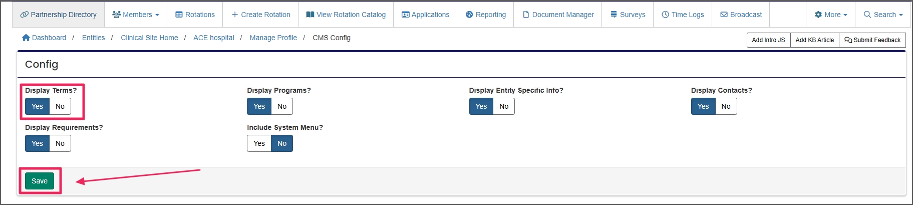 CMS config options and save button