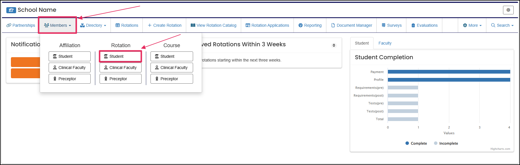 Users home page highlighting Members dropdown button and Student button under Rotations.