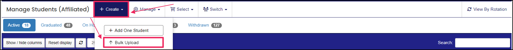 Manage Students table highlighting Create button dropdown and Bulk Upload button.