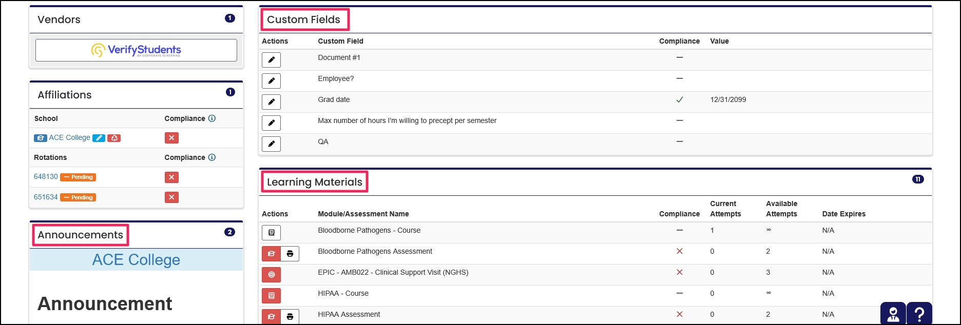 Members home page example highlighting Announcements, Custom Fields, and Learning Materials panels.