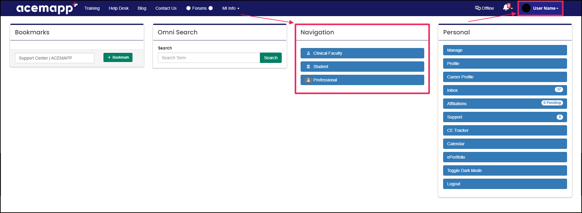 Member dropdown menu clicking name and picking member type in the navigation tile.