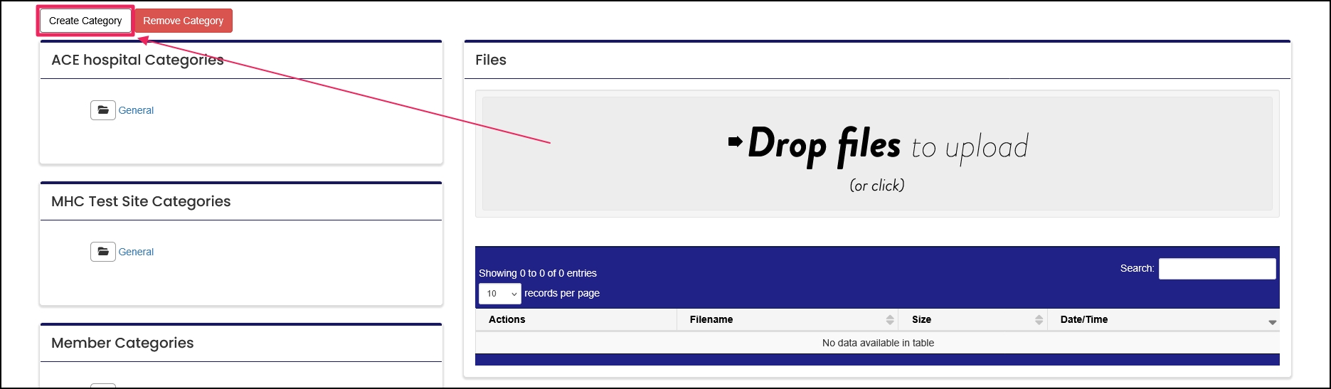 Uploaded files table highlighting create category button.