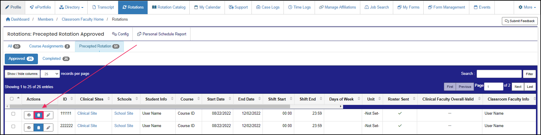 Rotation table highlighting evaluations button.