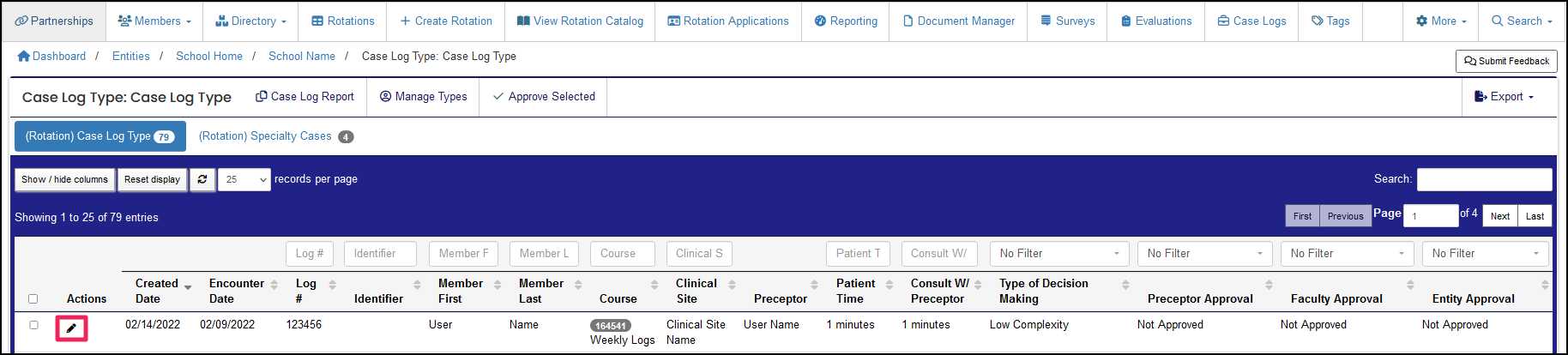 Case Log Type table highlighting Edit button.
