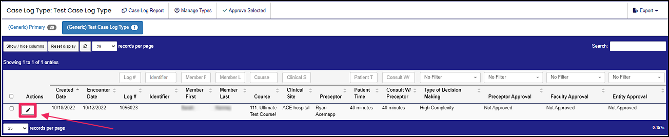 case log table highlighting Edit button in actions column