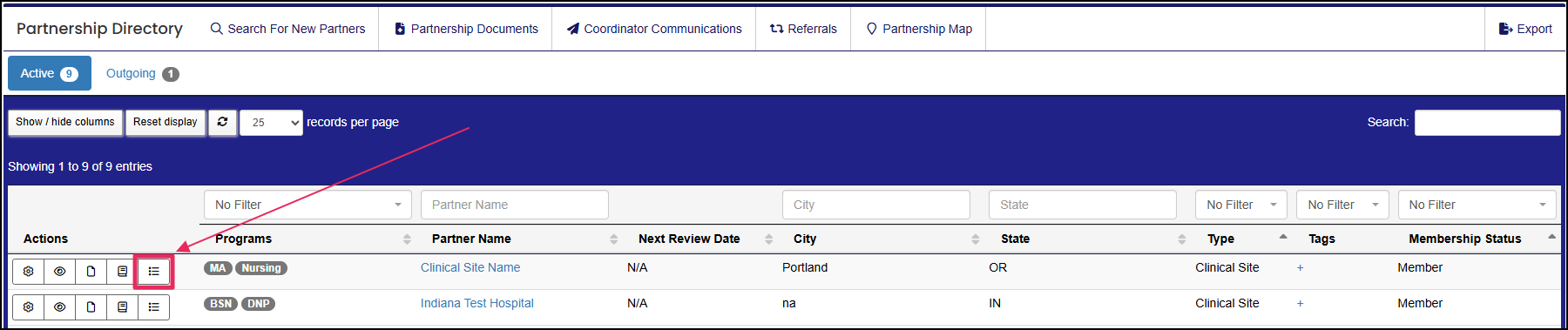 Partnership directory highlighting the contacts button.