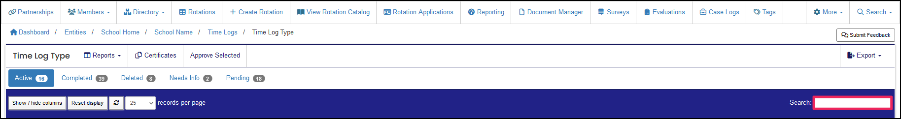 Time log table highlighting the search search field.