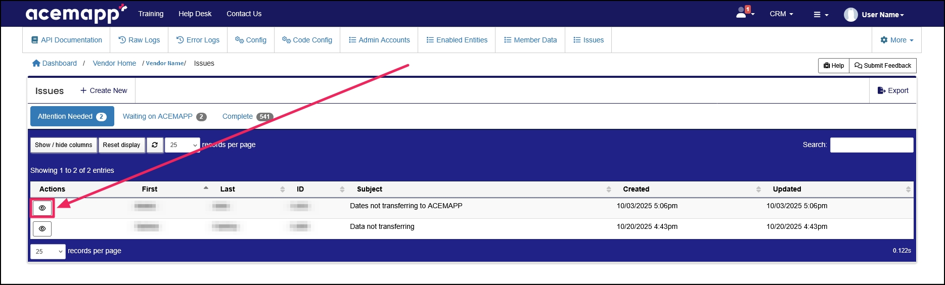 Issues table pointing to View button.