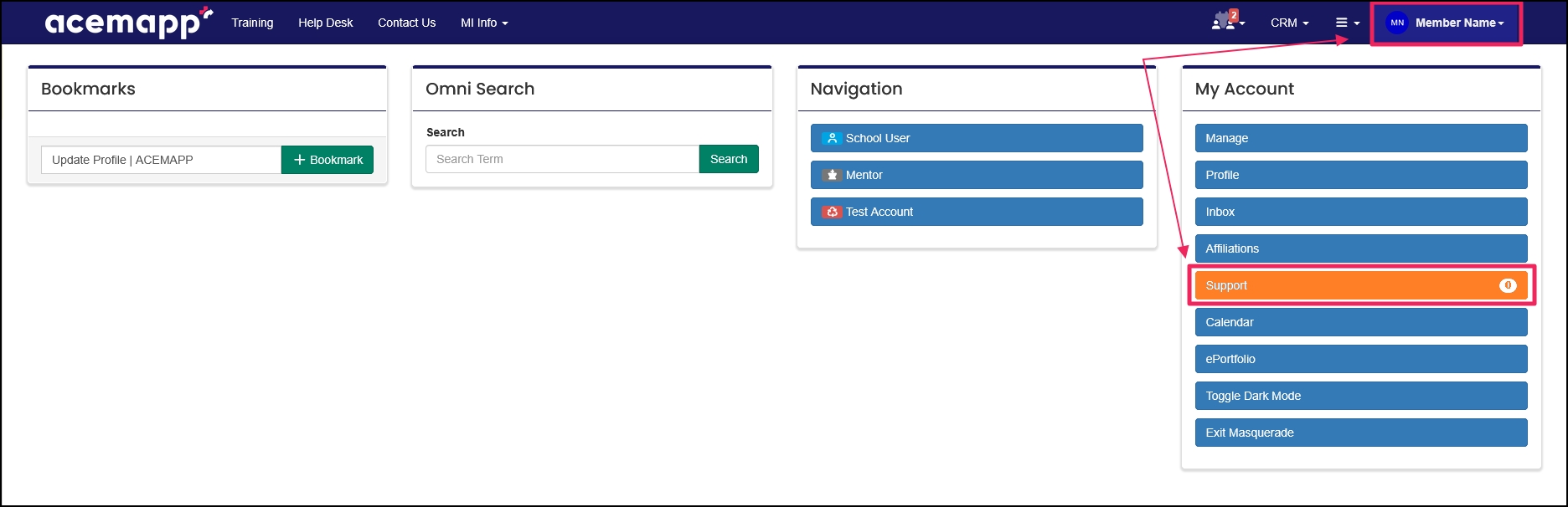 Personal navigation pointing to name and Support button
