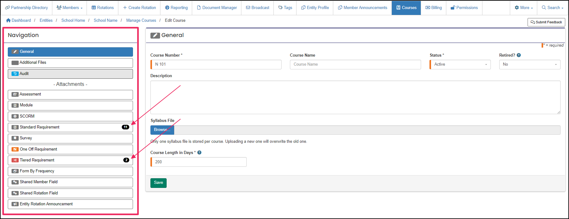 Course edit screen highlighting navigation panel.