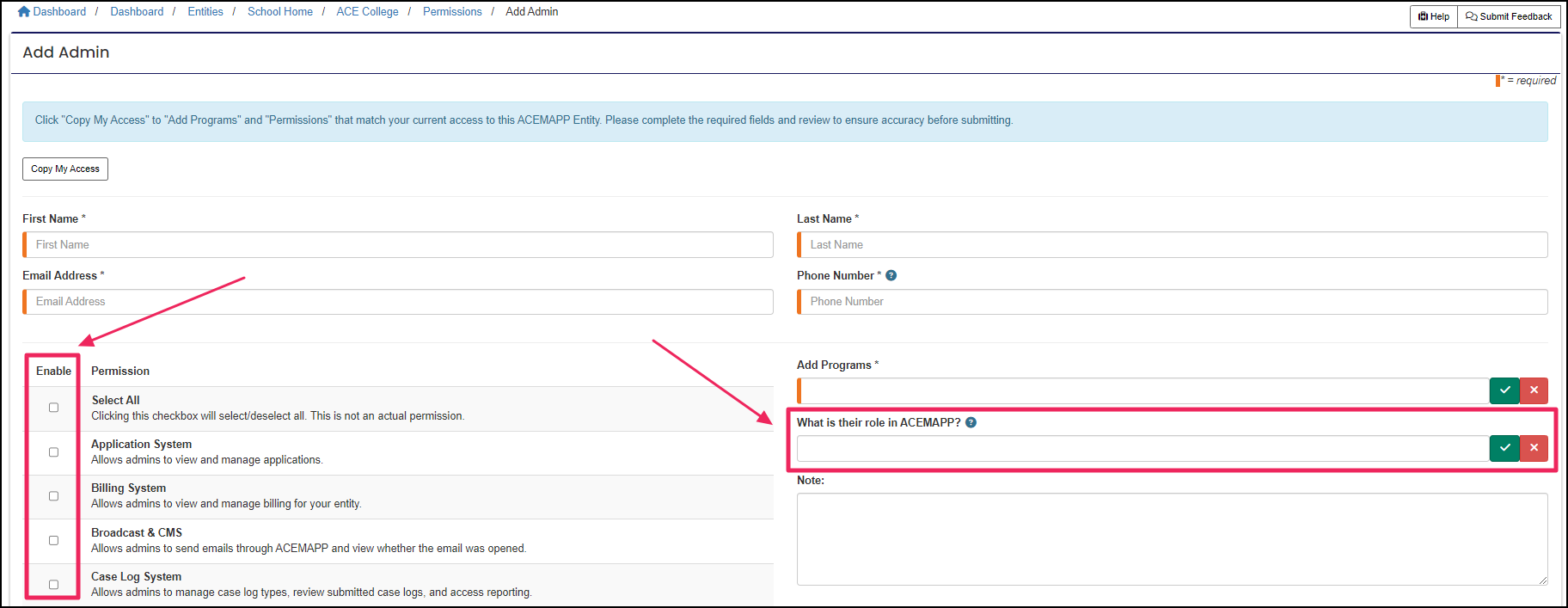 Add admin permissions page highlighting permissions selection and role field.