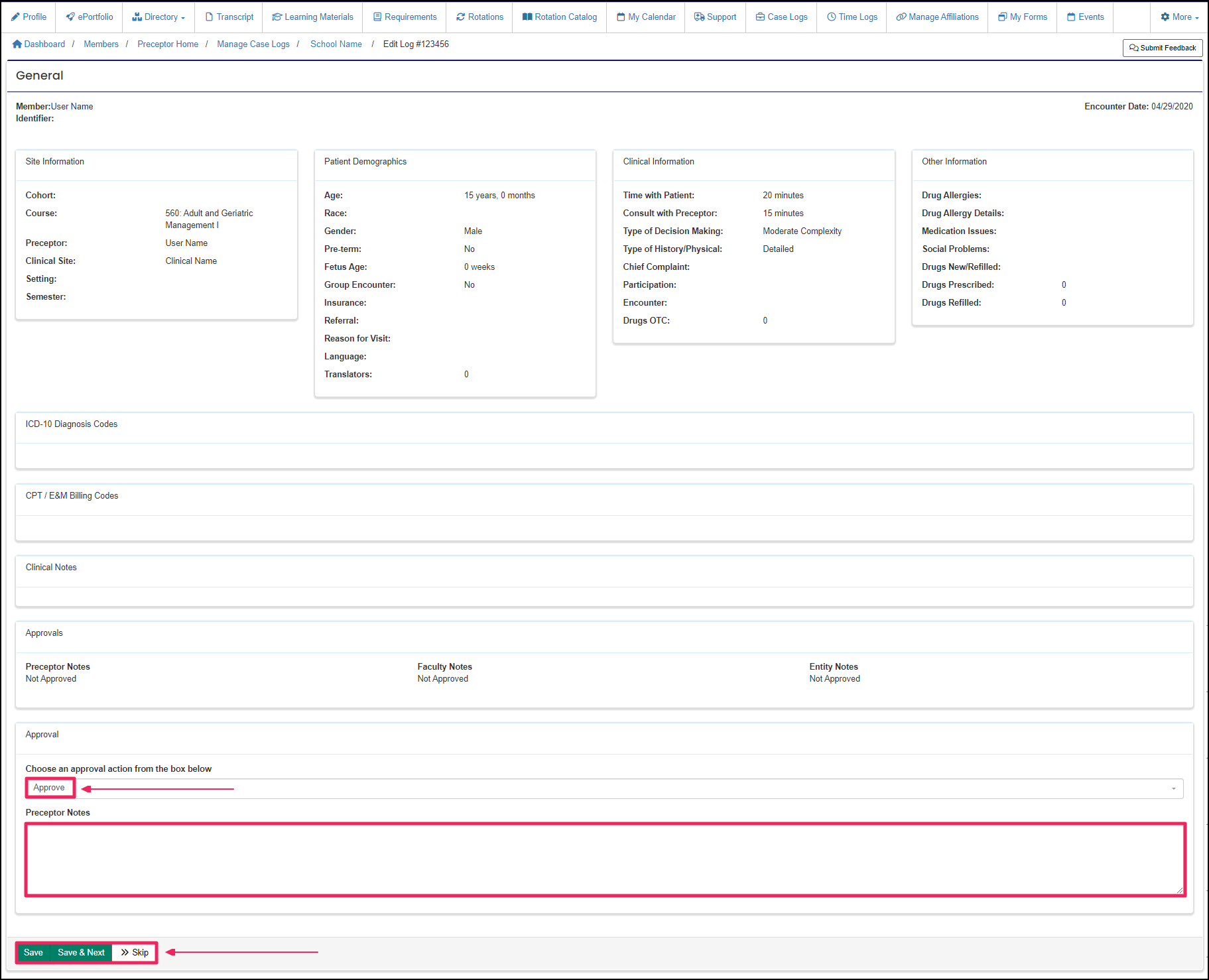 Case Log form highlighting Approval selector, notes field, and Save button.
