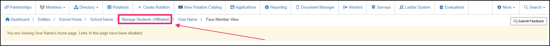 Box with an arrow pointing to manage students (affiliated) link in breadcrumbs.