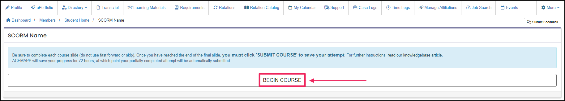 SCORM load screen highlighting Begin Course button.