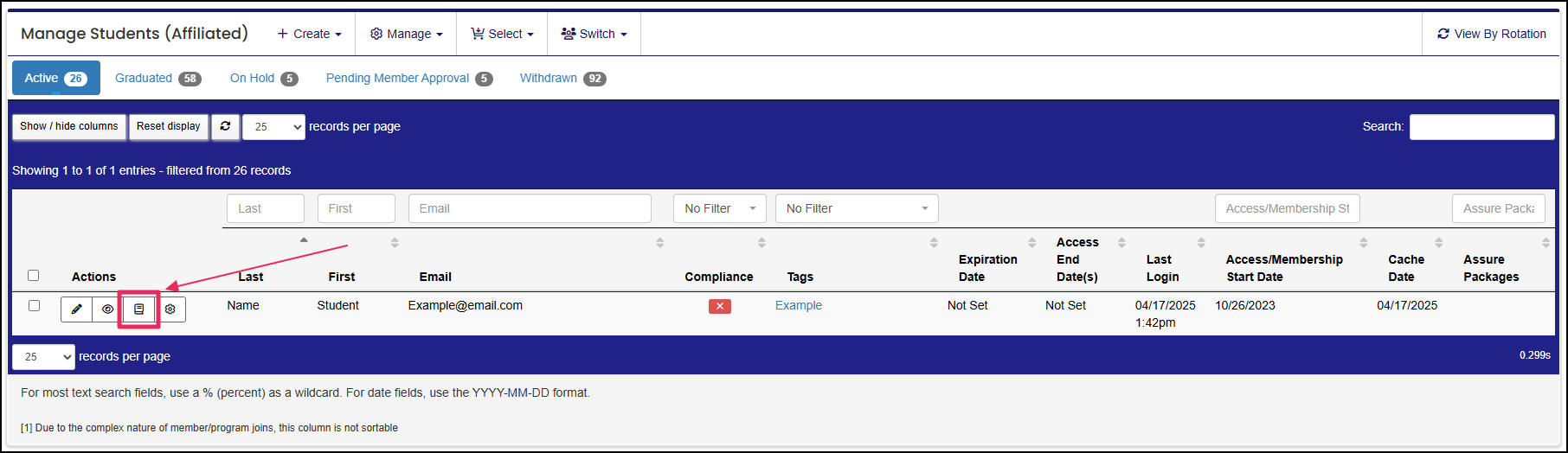 Manage students table highlighting Requirements button.