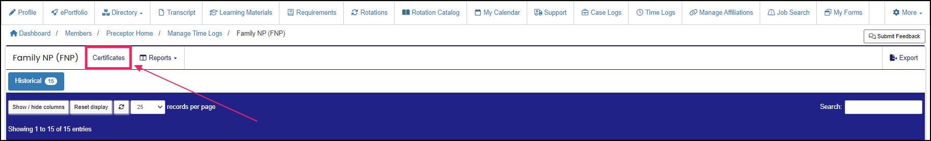 Time Log table highlighting the certificate button.