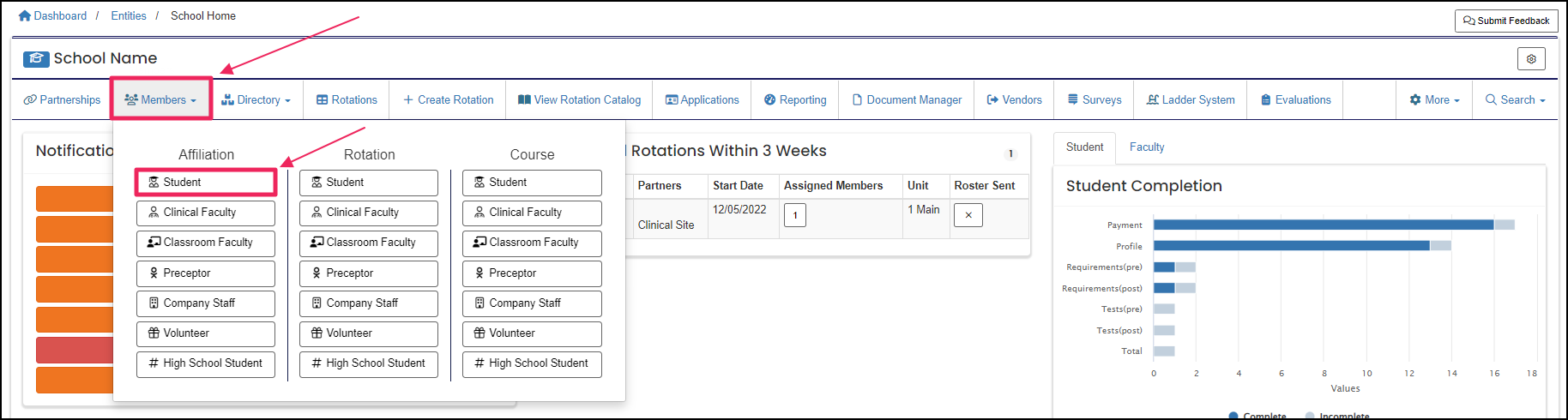 Users home page highlighting Members dropdown button and Student button under Affiliation.