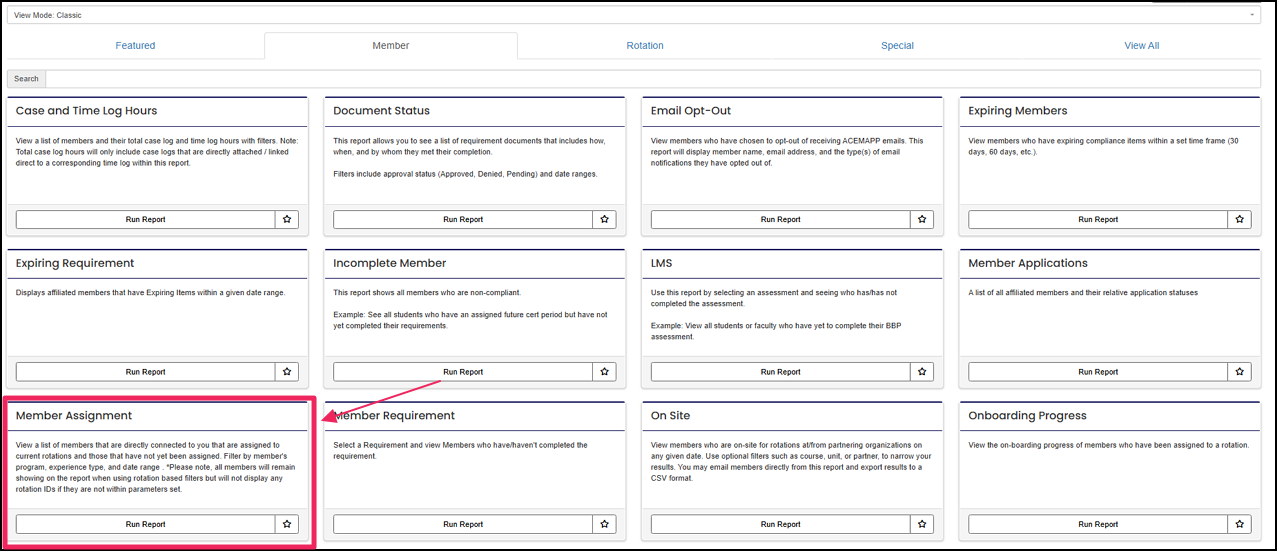 Repoting Dashboard highlighting Member Assignment Report tile.