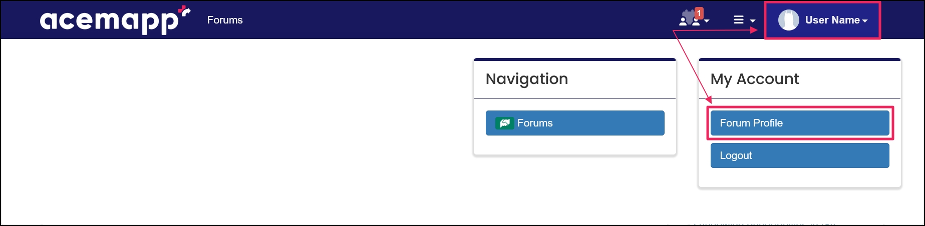 Member top navigation bar highlighting Avatar/Name dropdown menu and Forum Profile button.