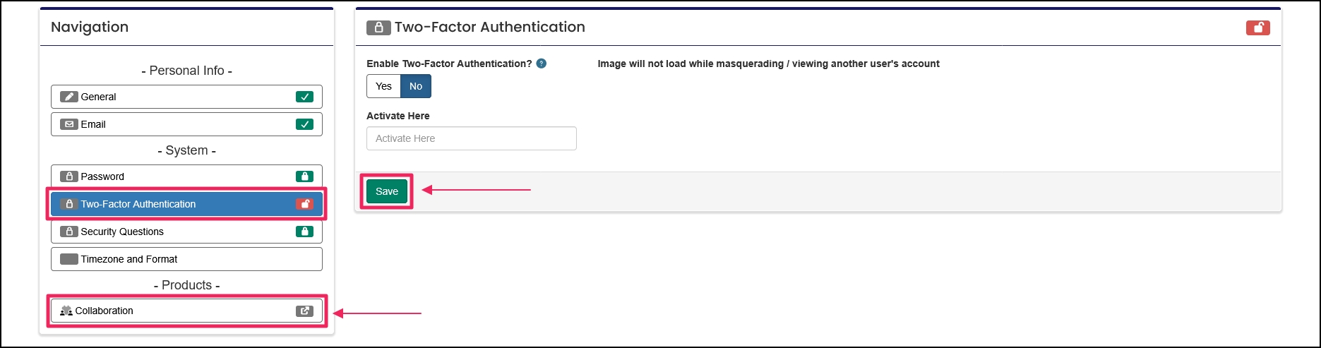 Two-factor authentication section with save button and return to Collaboration button.