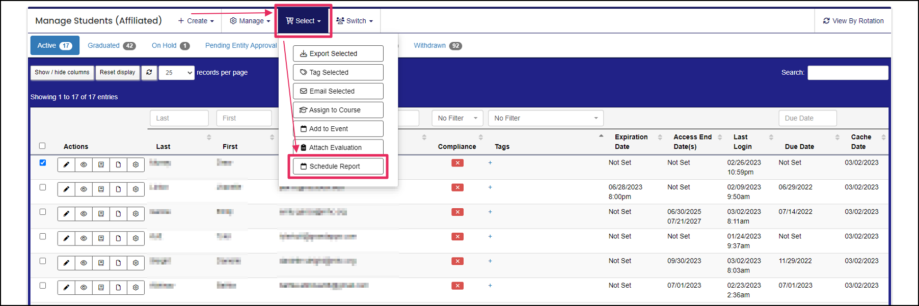 Manage member table highlighting Select dropdown button and Schedule Report button.