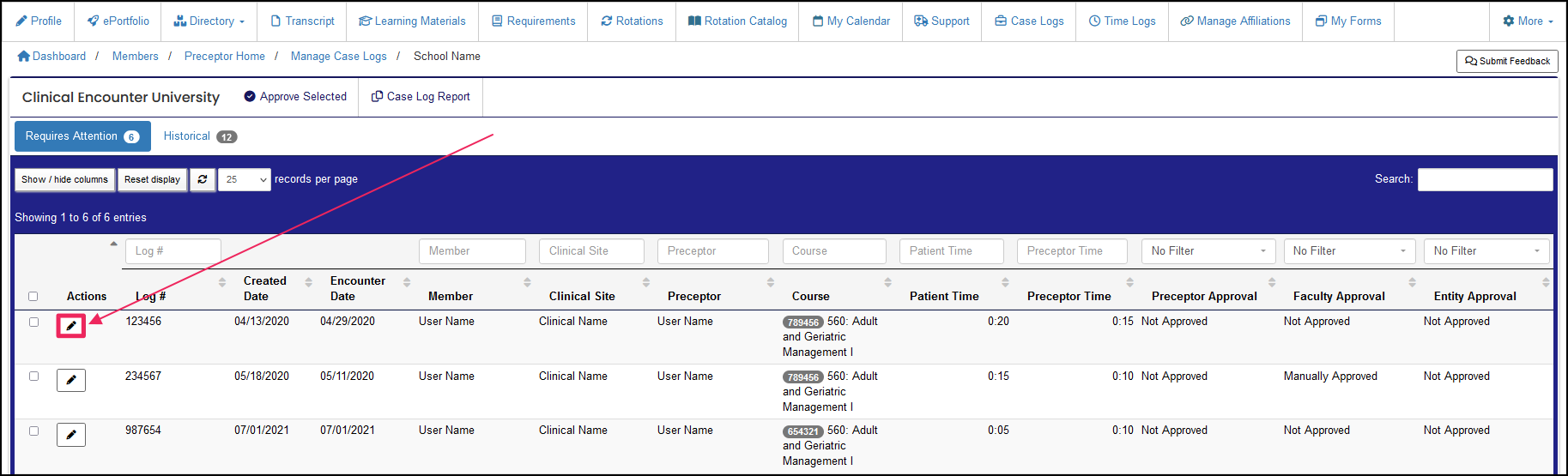 Manage Case Log Table highlighting the Edit button.