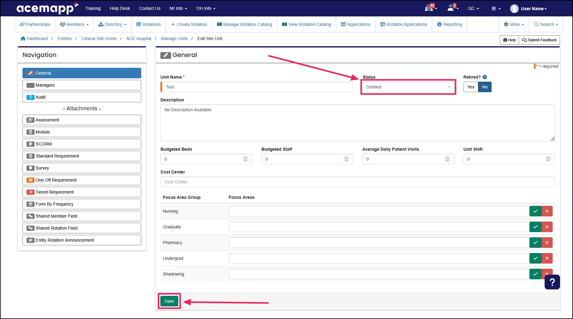Edit Site Unit form highlighting Status selector showing Deleted status and Save button.